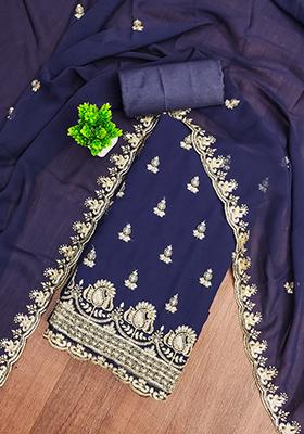 Blue Embellished Poly Georgette Kurta Set