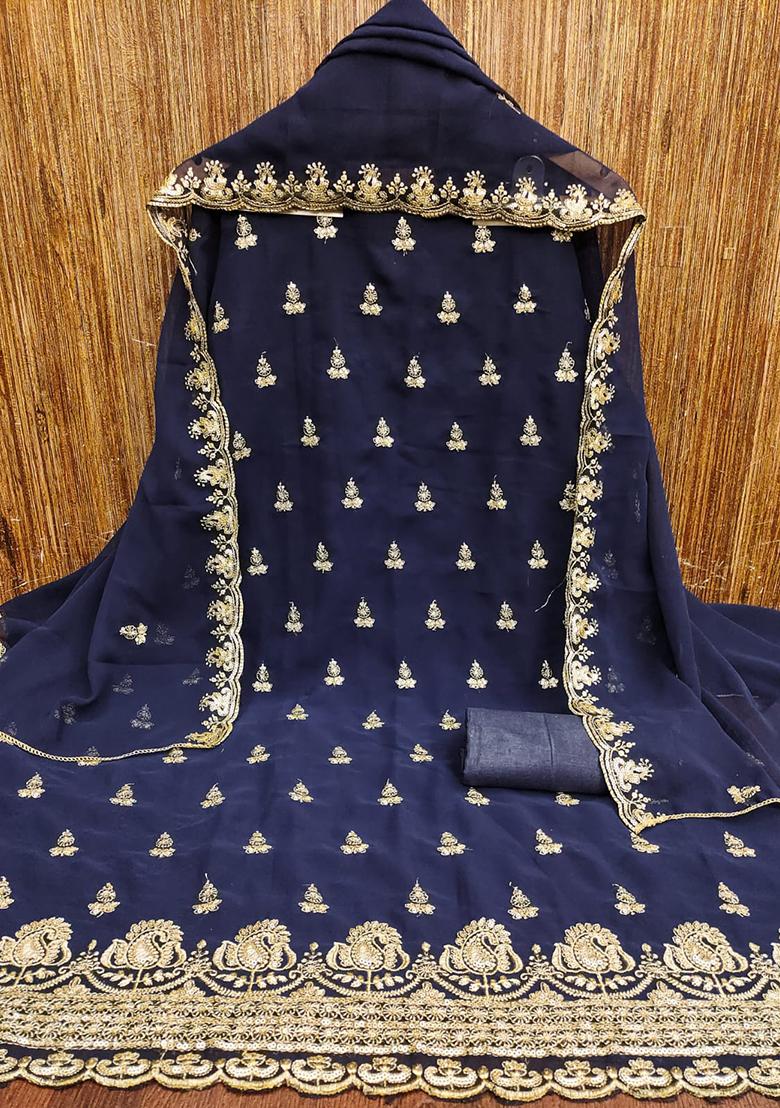 Blue Embellished Poly Georgette Kurta Set