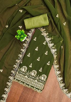 Olive Embellished Poly Georgette Kurta Set