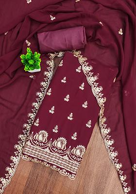 Maroon Embellished Poly Georgette Kurta Set