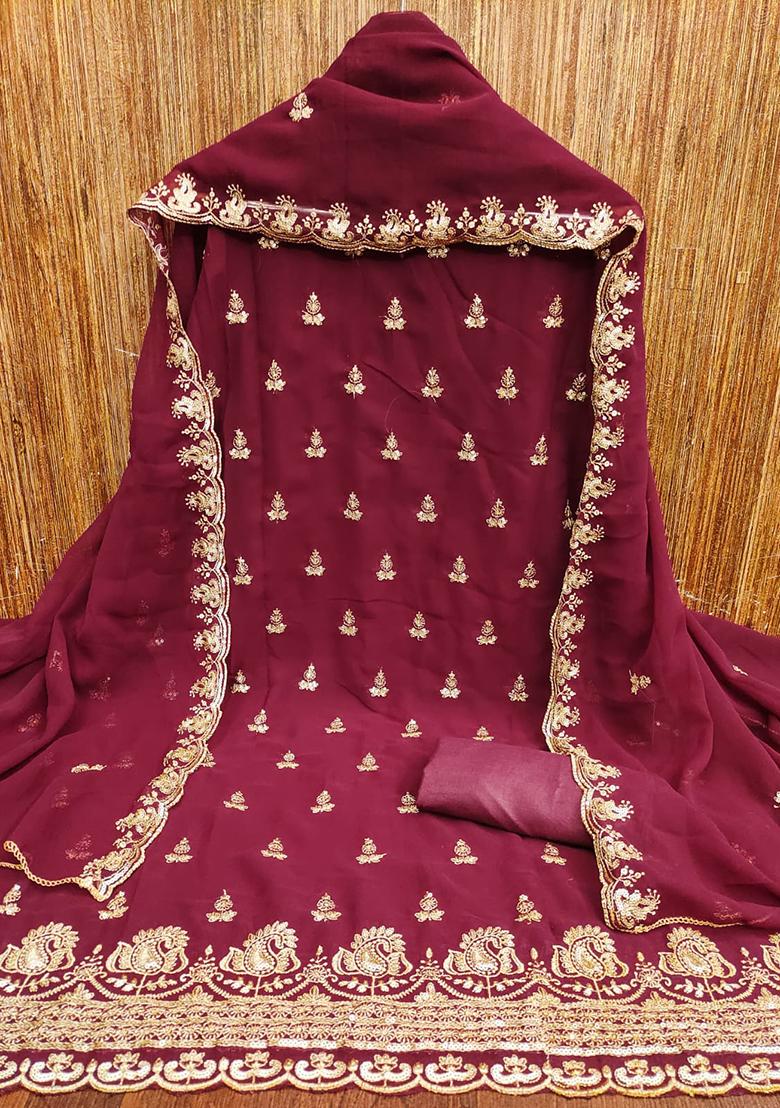 Maroon Embellished Poly Georgette Kurta Set