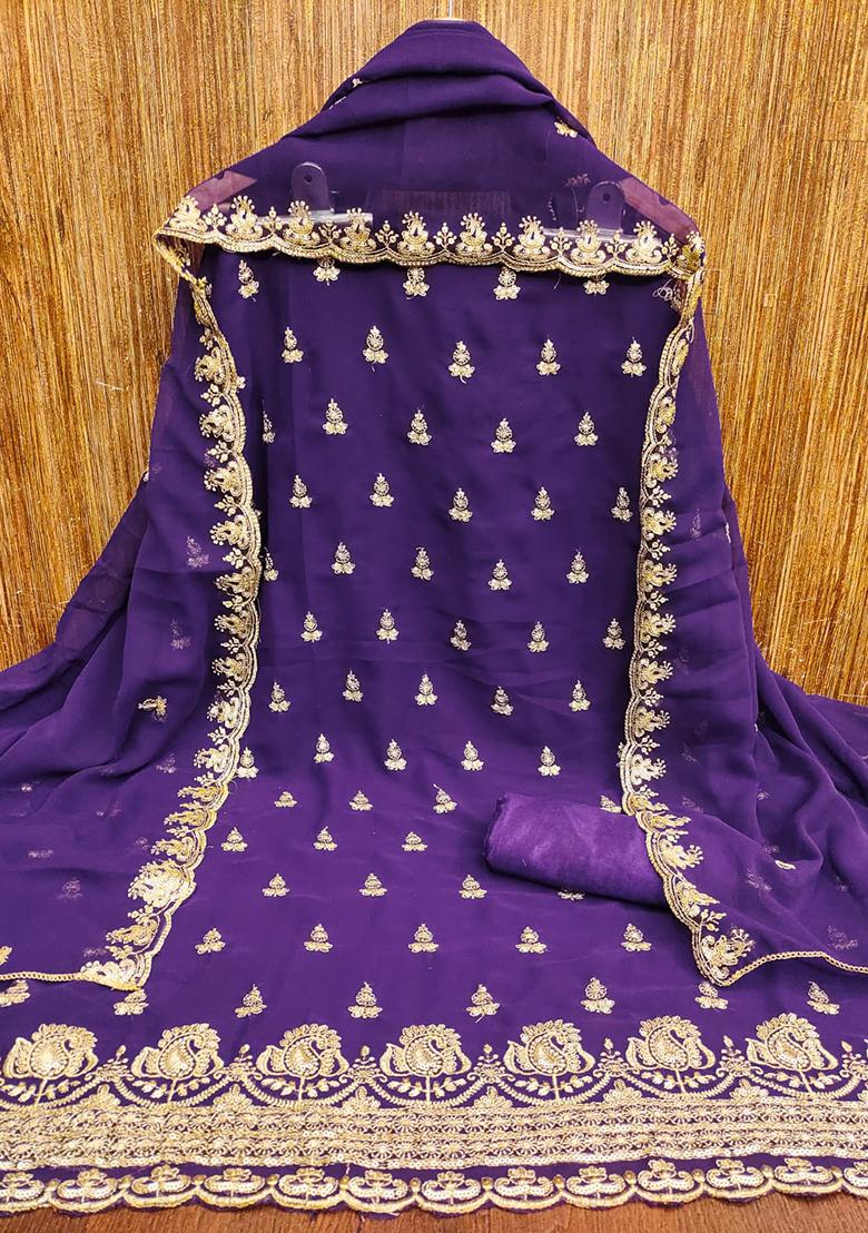 Purple Embellished Poly Georgette Kurta Set