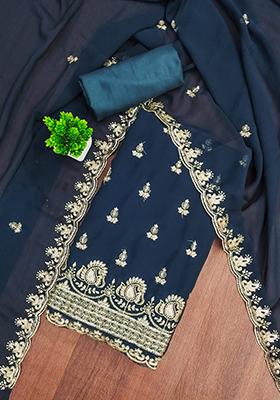 Teal Embellished Poly Georgette Kurta Set
