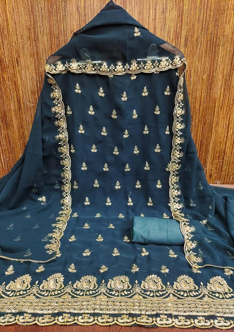 Teal Embellished Poly Georgette Kurta Set