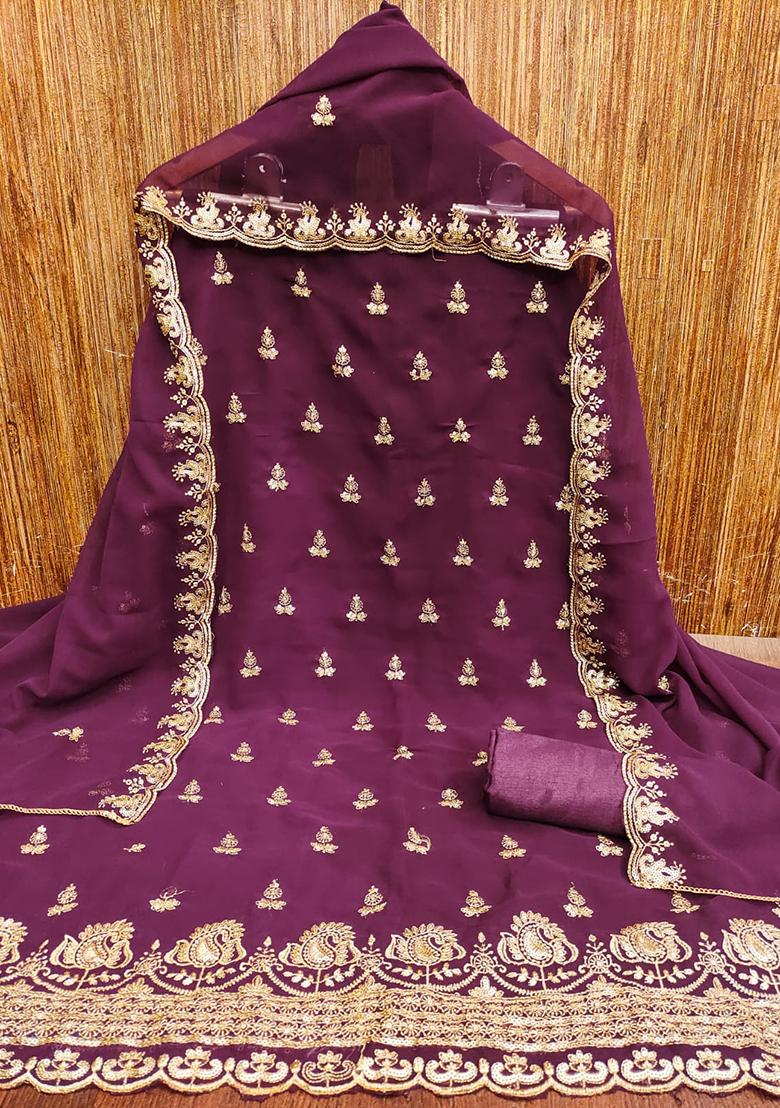 Wine Embellished Poly Georgette Kurta Set