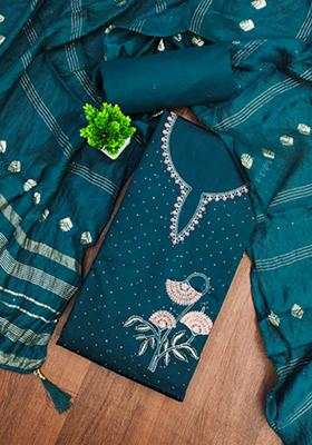Aqua Embellished Cotton Kurta Set