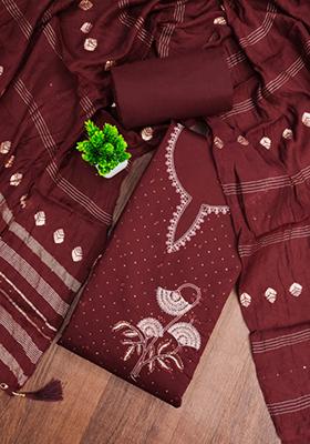 Maroon Embellished Cotton Kurta Set