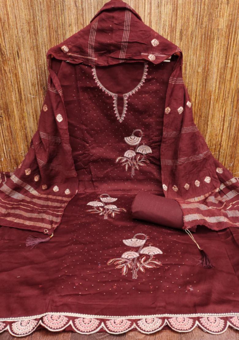 Maroon Embellished Cotton Kurta Set