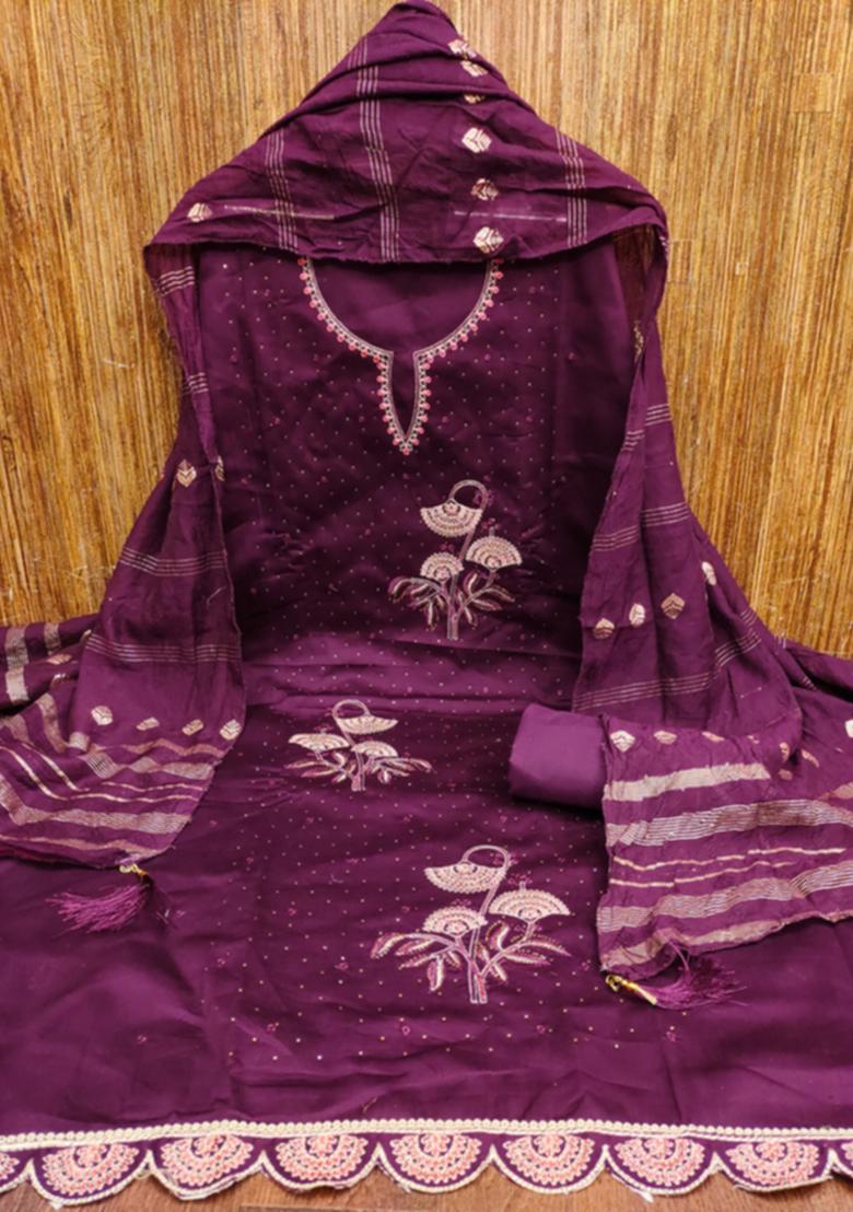 Purple Embellished Cotton Kurta Set
