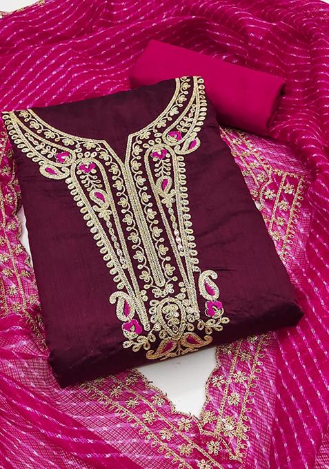Wine Embellished Chanderi Kurta Set