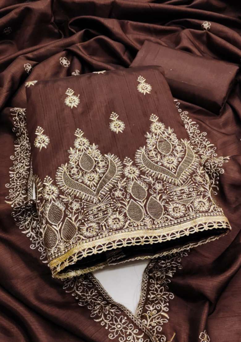 Brown Embroidered Cotton Straight Kurta Set - Indya