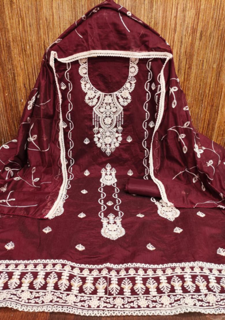 Maroon Embellished Cotton Kurta Set