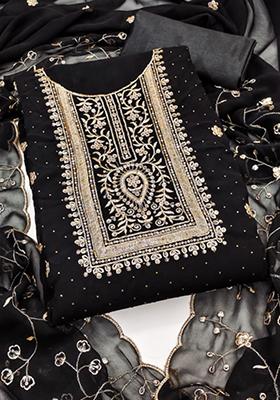 Black Embellished Poly Georgette Kurta Set