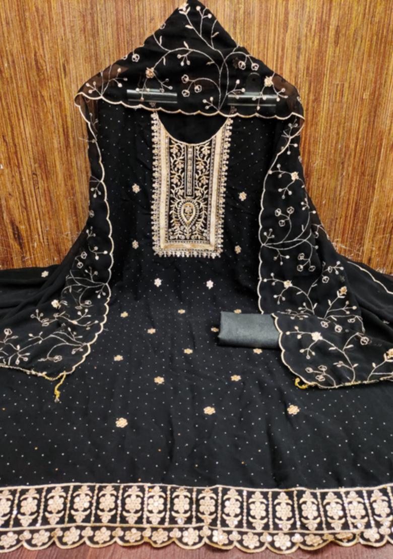 Black Embellished Poly Georgette Kurta Set