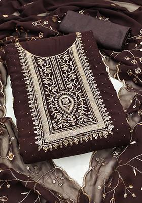 Brown Embellished Poly Georgette Kurta Set