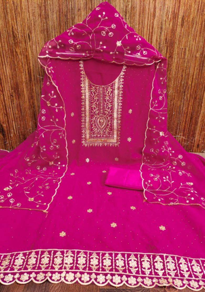 Pink Embellished Poly Georgette Kurta Set