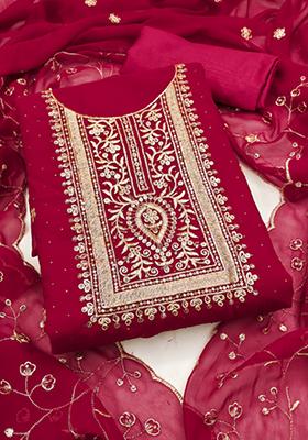 Red Embellished Poly Georgette Kurta Set