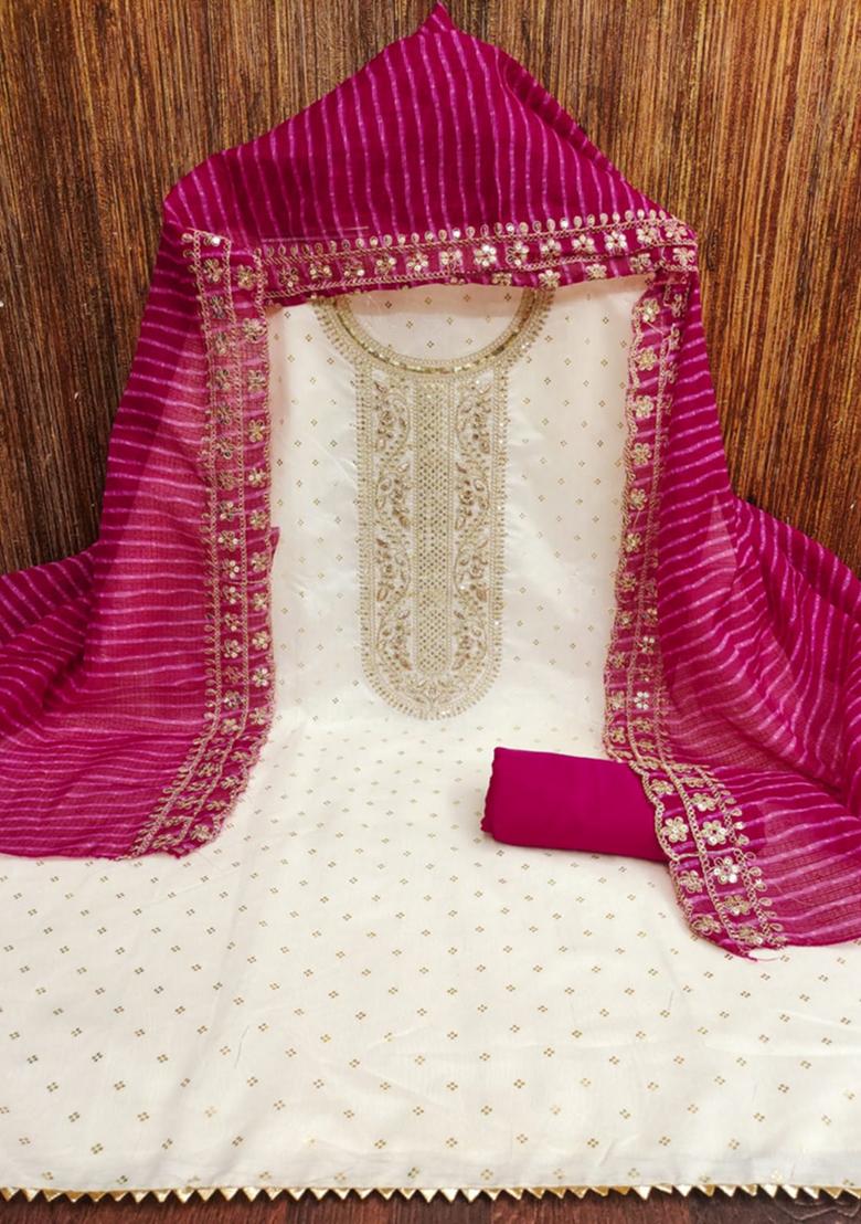 Pink Embellished Chanderi Kurta Set