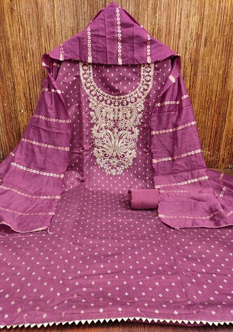 Dark Mauve Cotton Chanderi straight kurta set with Pink & Green small floral embroidery at hem & sleeve cuffs.