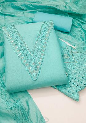 Teal Embellished Cotton Kurta Set