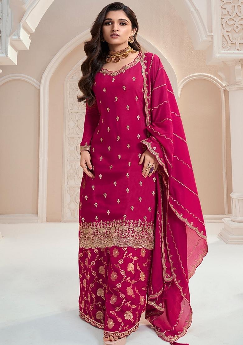 Magenta Embroidered Chinon Sharara Set