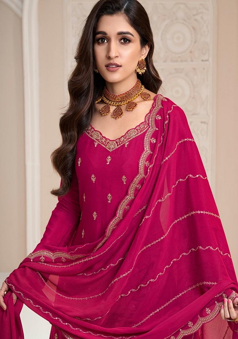 Magenta Embroidered Chinon Sharara Set