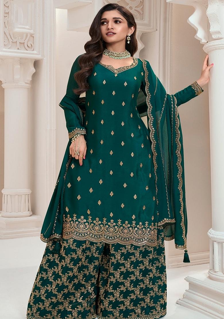 Teal Green Embroidered Chinon Sharara Set
