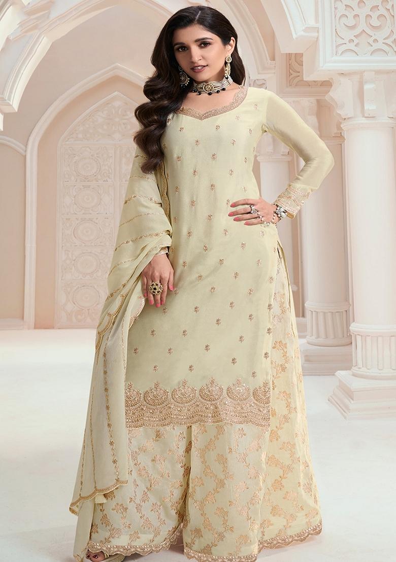 Cream Embroidered Chinon Sharara Set