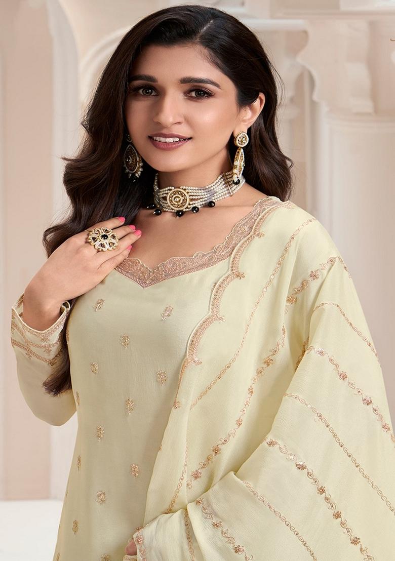 Cream Embroidered Chinon Sharara Set