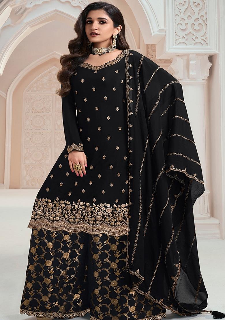 Black Embroidered Chinon Sharara Set