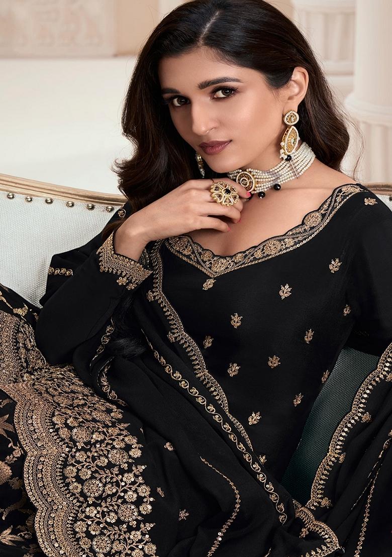 Black Embroidered Chinon Sharara Set