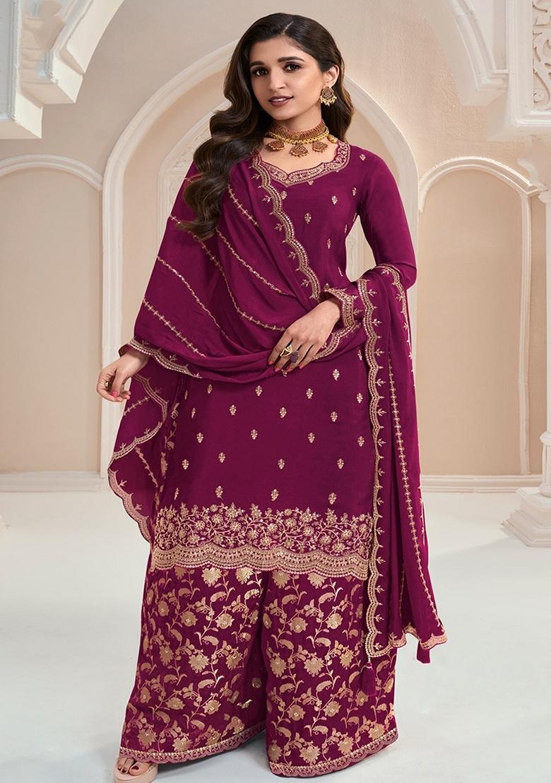 Wine Embroidered Chinon Sharara Set