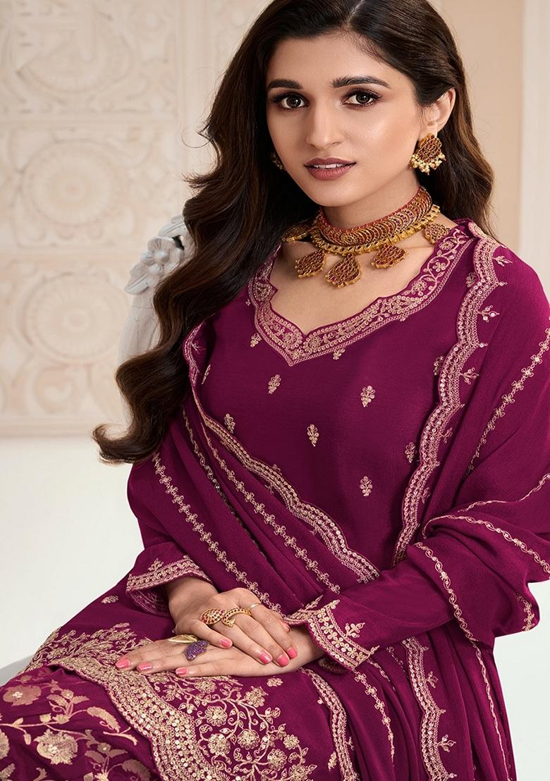 Wine Embroidered Chinon Sharara Set