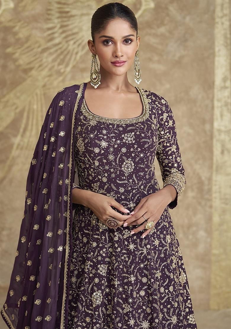 Dark Purple Embroidered Georgette Sharara Set