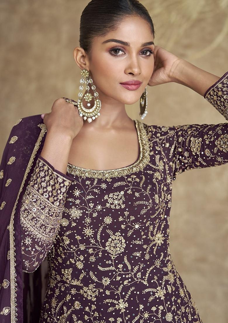 Dark Purple Embroidered Georgette Sharara Set