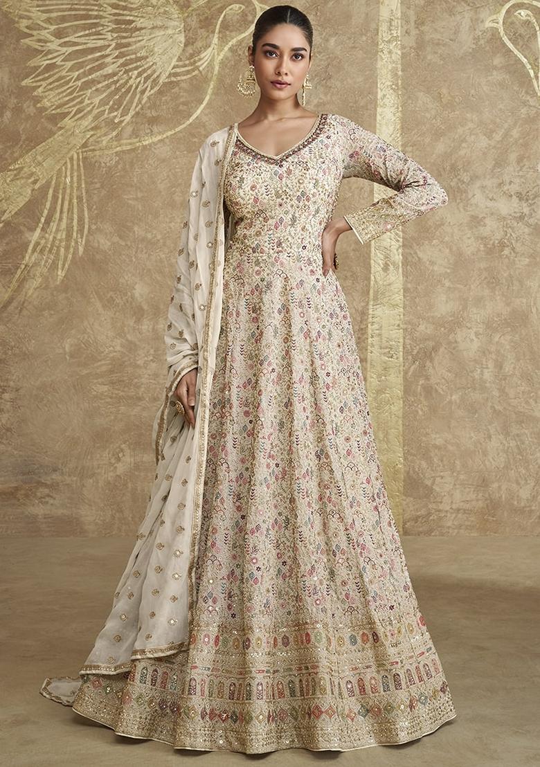 Cream Embroidered Georgette Sharara Set