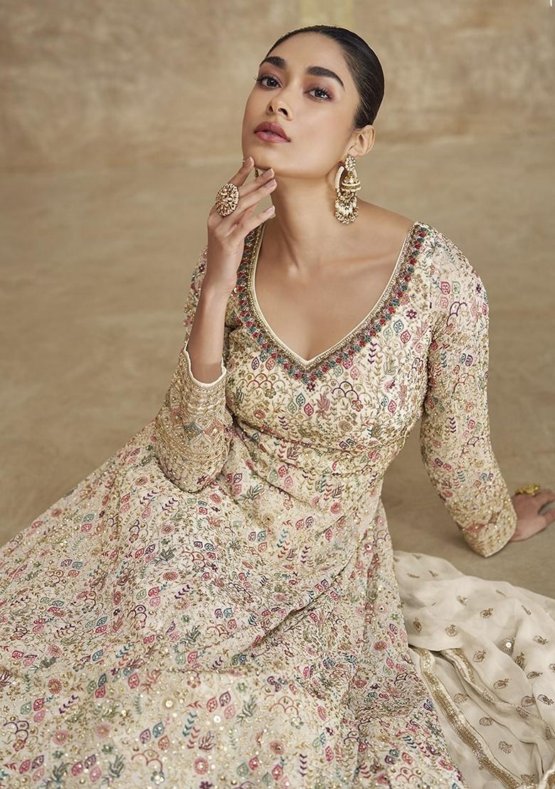 Cream Embroidered Georgette Sharara Set