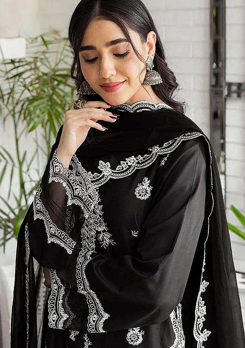 Black Embroidered Georgette Sharara Set