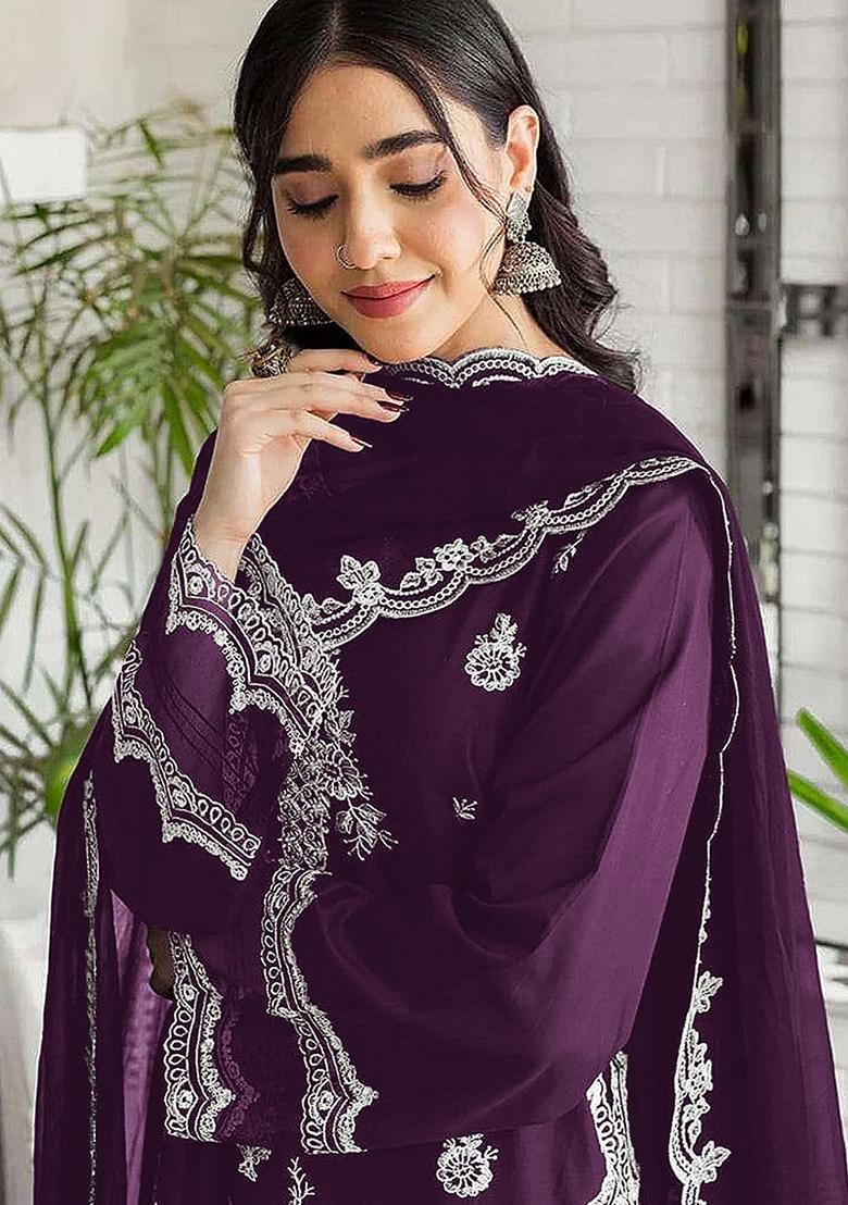 Dark Purple Embroidered Georgette Sharara Set