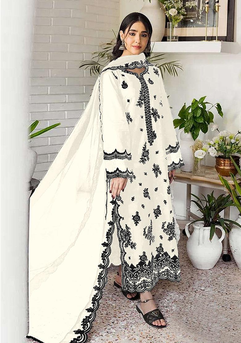 White Embroidered Georgette Sharara Set