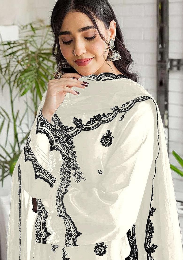 White Embroidered Georgette Sharara Set