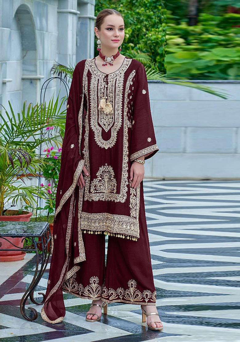Maroon Embroidered Chinon Sharara Set
