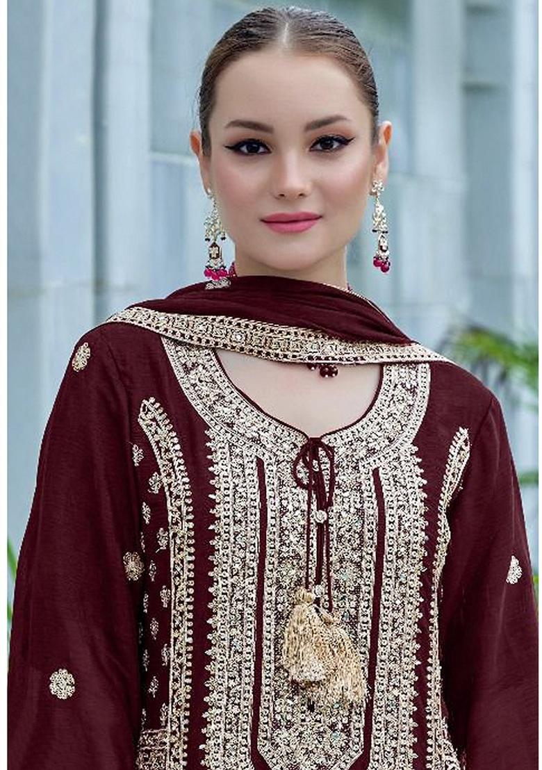 Maroon Embroidered Chinon Sharara Set