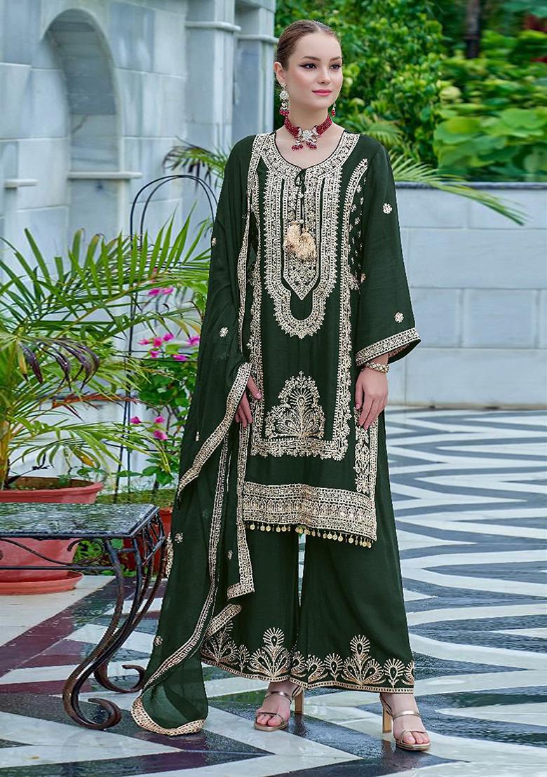 Dark Green Embroidered Chinon Sharara Set