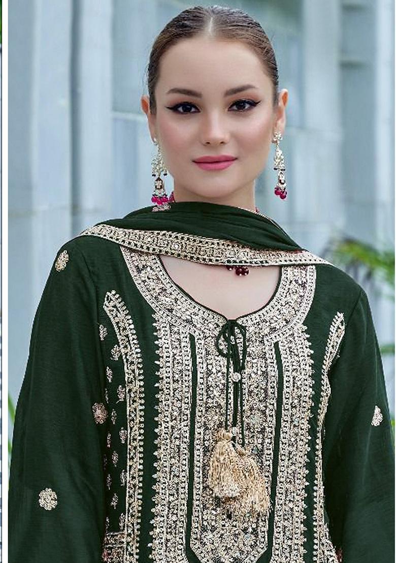 Dark Green Embroidered Chinon Sharara Set