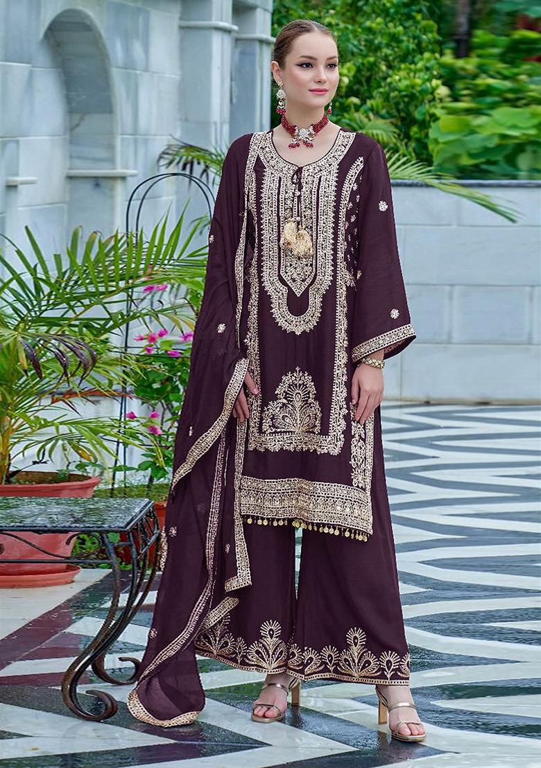 Wine Embroidered Chinon Sharara Set