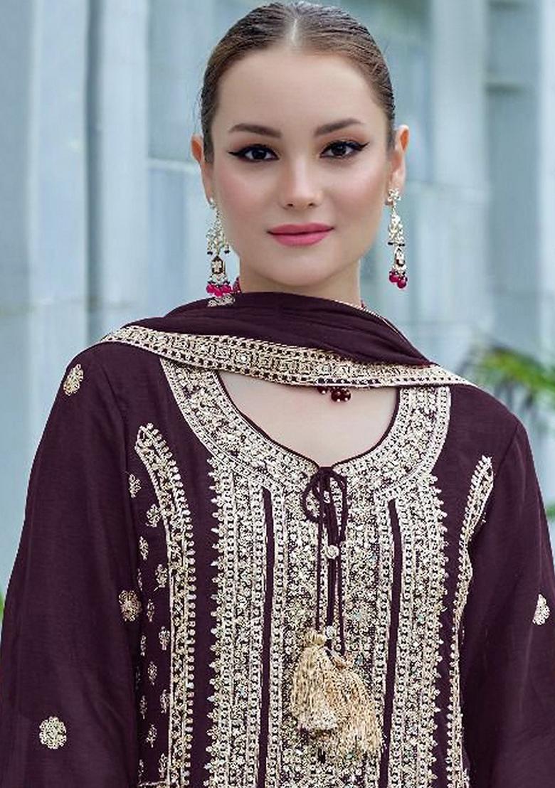 Wine Embroidered Chinon Sharara Set