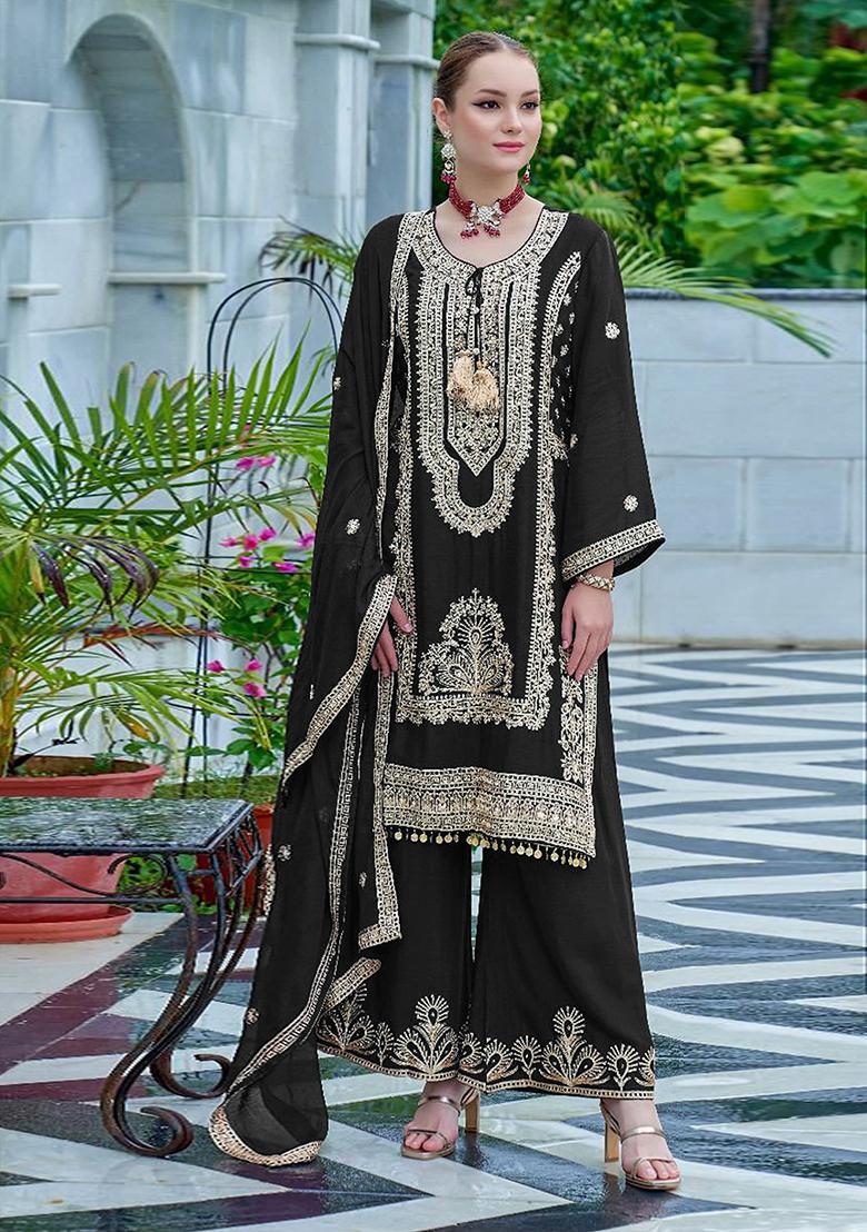 Black Embroidered Chinon Sharara Set