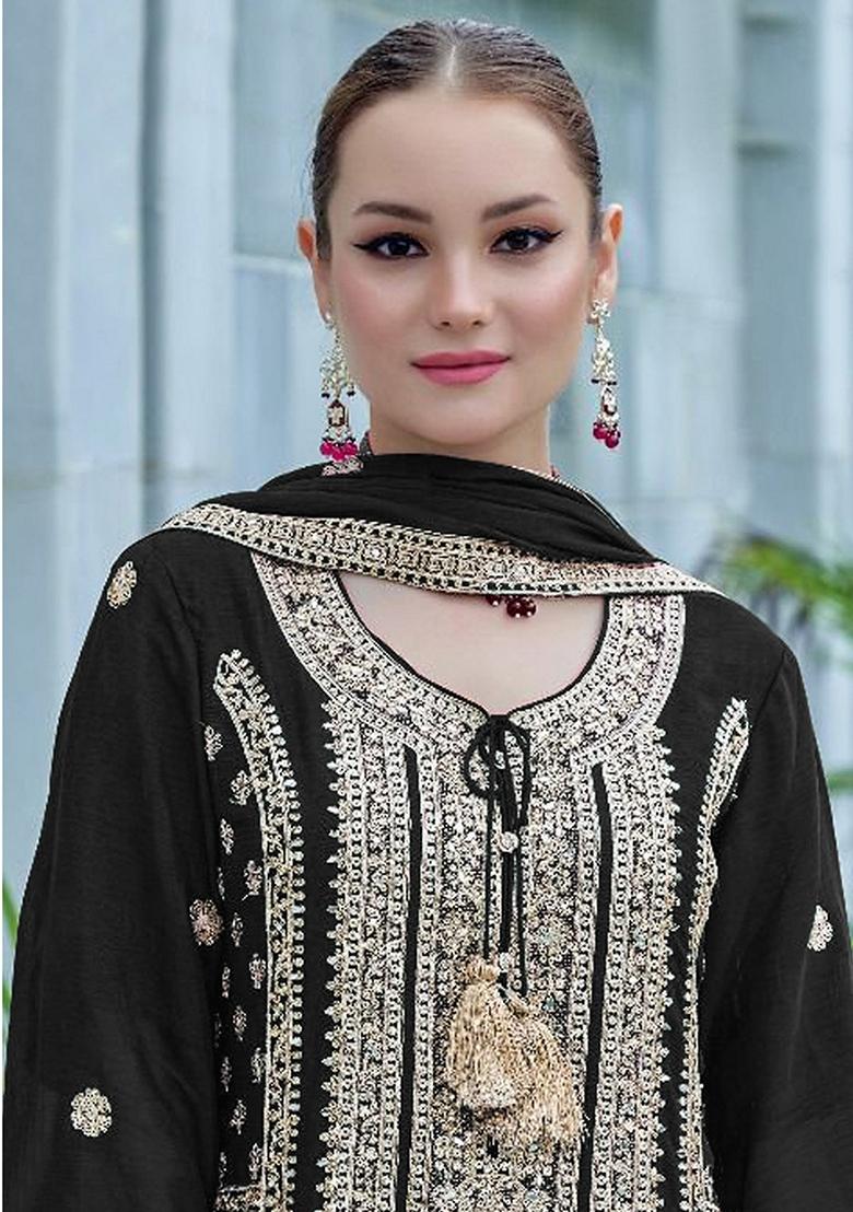 Black Embroidered Chinon Sharara Set