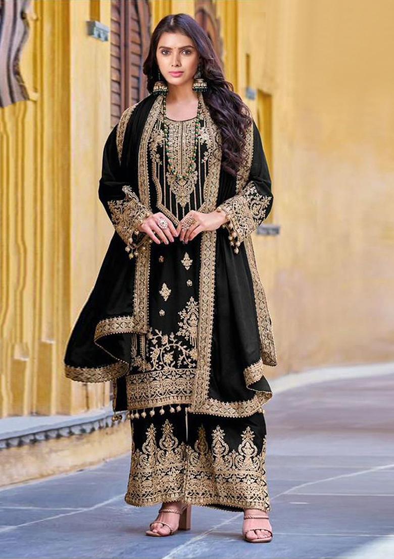 Black Embroidered Velvet Sharara Set